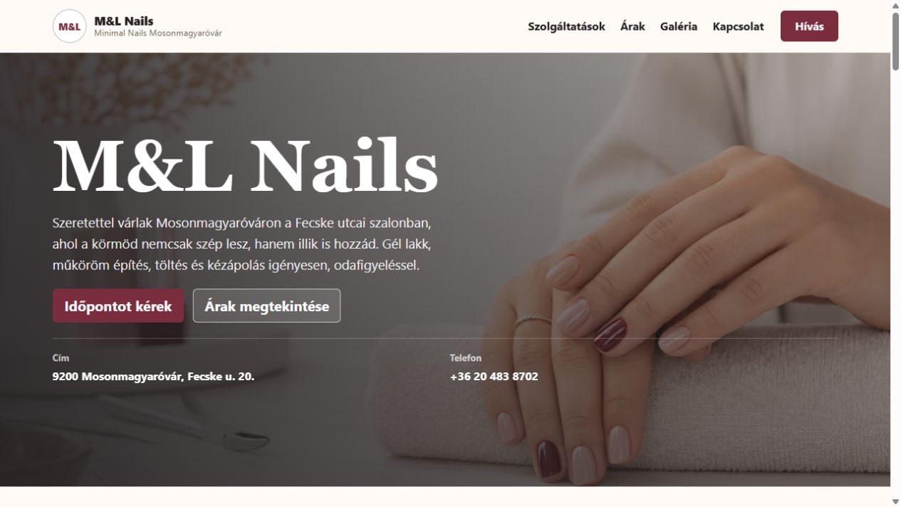 A Minimal Nails weboldal aktuális nyitó részének előnézete