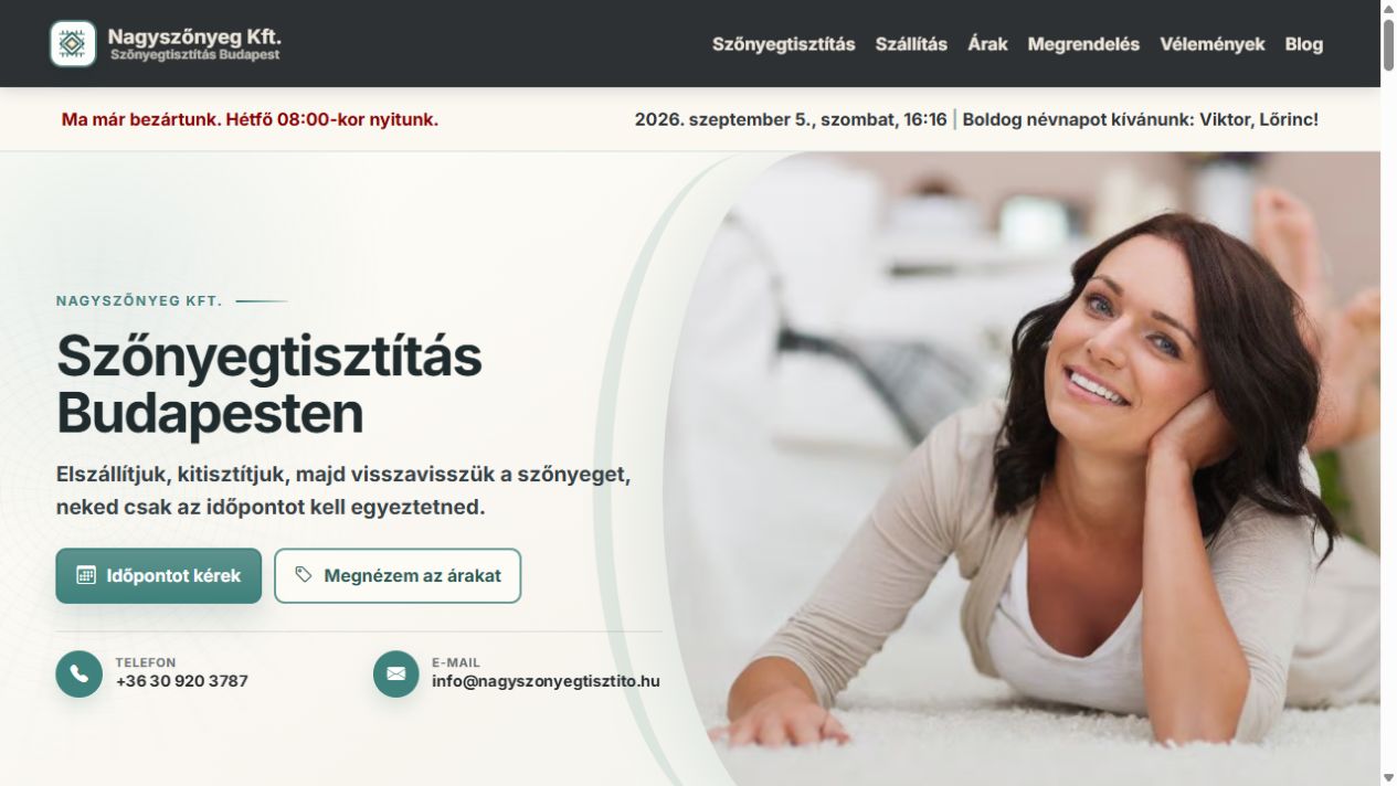 A Nagyszőnyeg weboldal aktuális nyitó részének előnézete
