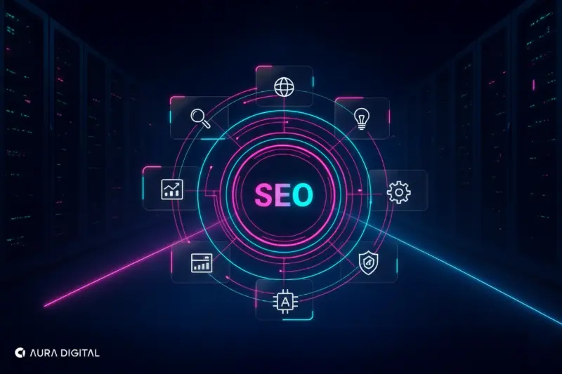 Keresőoptimalizálást szemléltető grafika futurisztikus digitális elemekkel