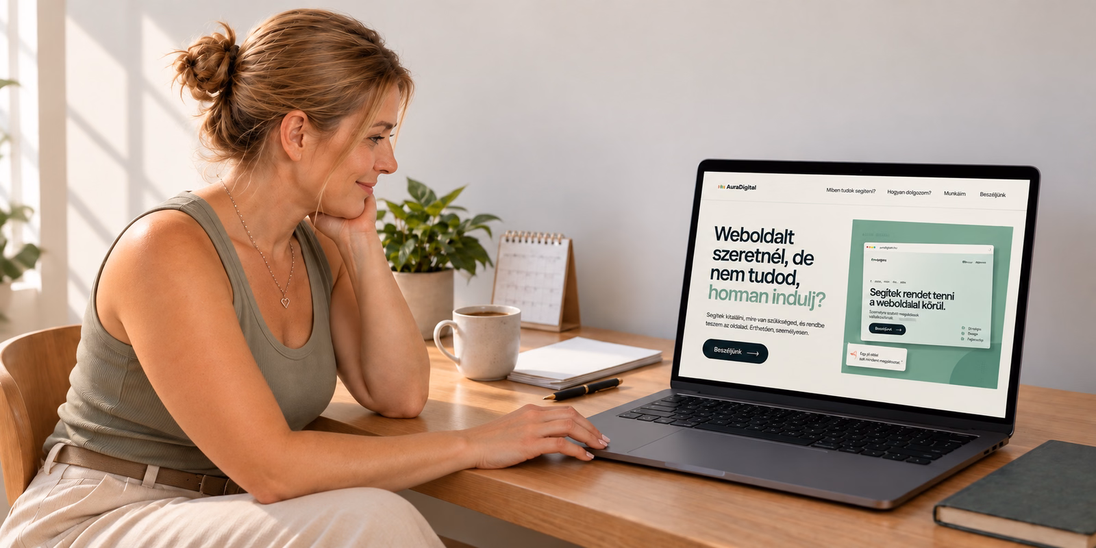 AuraDigital weboldalán dolgozó nő laptop mellett