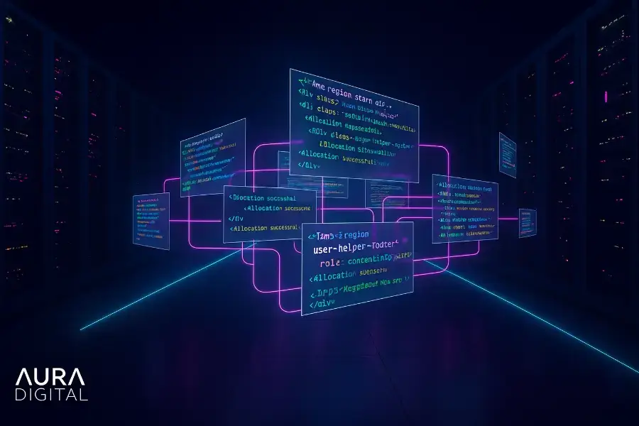 Szoftverkód részlet egy sötét hátterű szerverterem előtt lebegő üveglapon