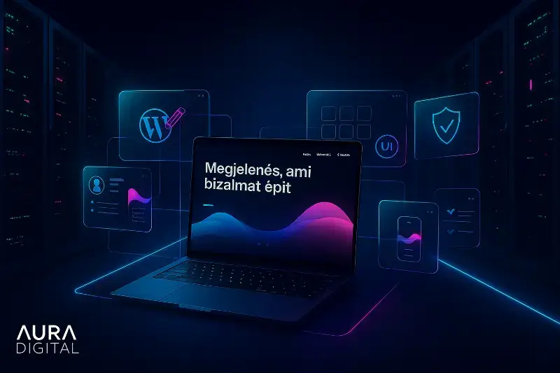 Modern, letisztult weboldal látványterve laptopon és mobil kijelzőn